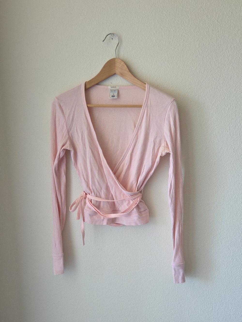 Old Navy Pale Pink Ballet Wrap Front Long Sleeve Top 100% Cotton Sz S Y2K VTG